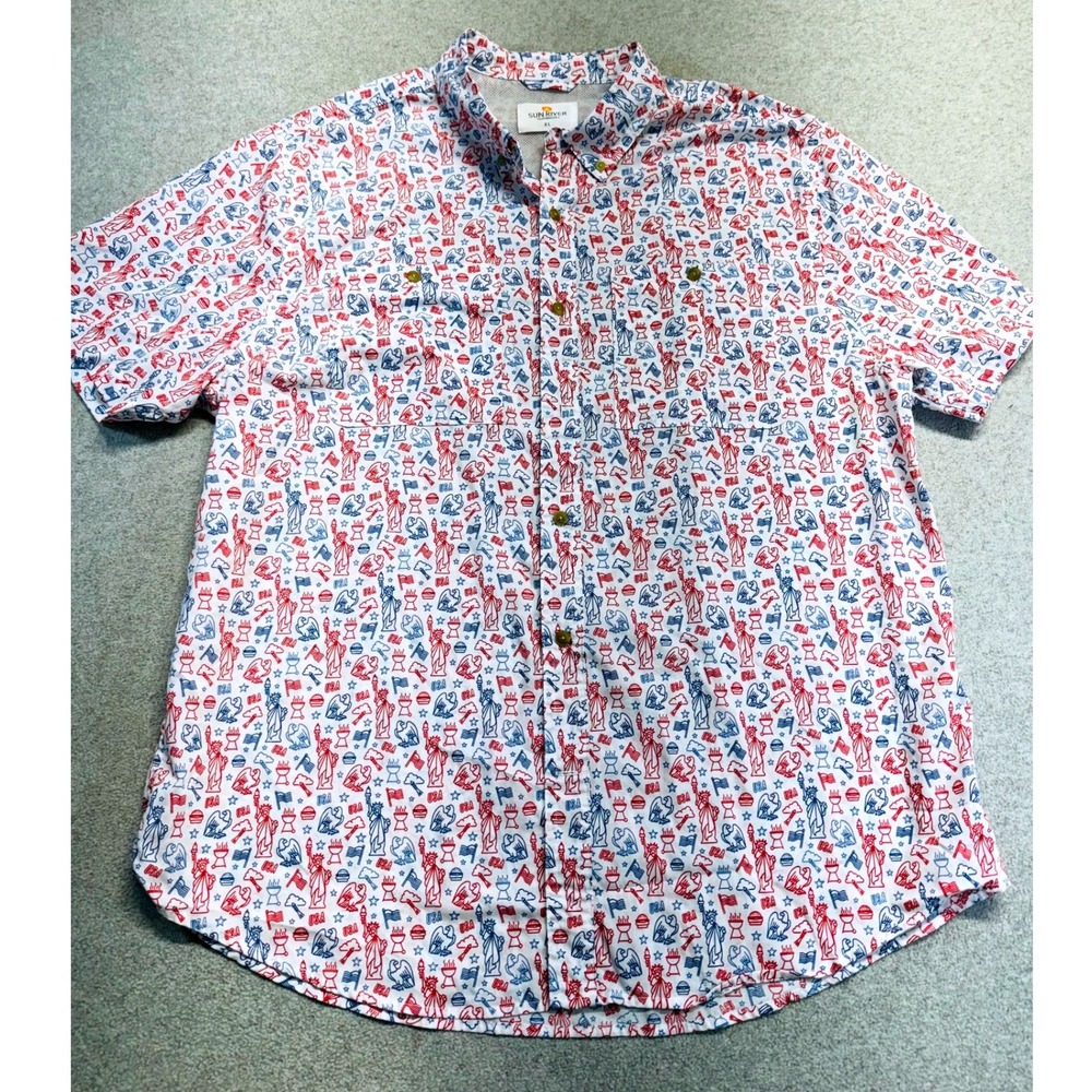 Sun River Button Down Shirt Men XL White Red Blue Patriotic Americana BBQ July 4